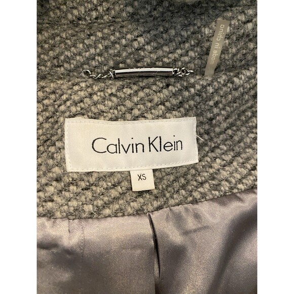 Calvin Klein Wool Blend Grey Herringbone Tweed Hooded Zip Up Overcoat Womens XS - Picture 5 of 8